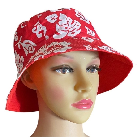 Printed Bucket Hat Red & White All-Over Palm Leaves Bucket Hat OS NEW - Picture 5 of 7